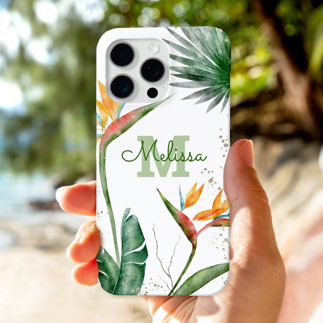 Tropical Island Floral Monogram Script Gold White Case-Mate iPhone Case (Creator Uploaded)