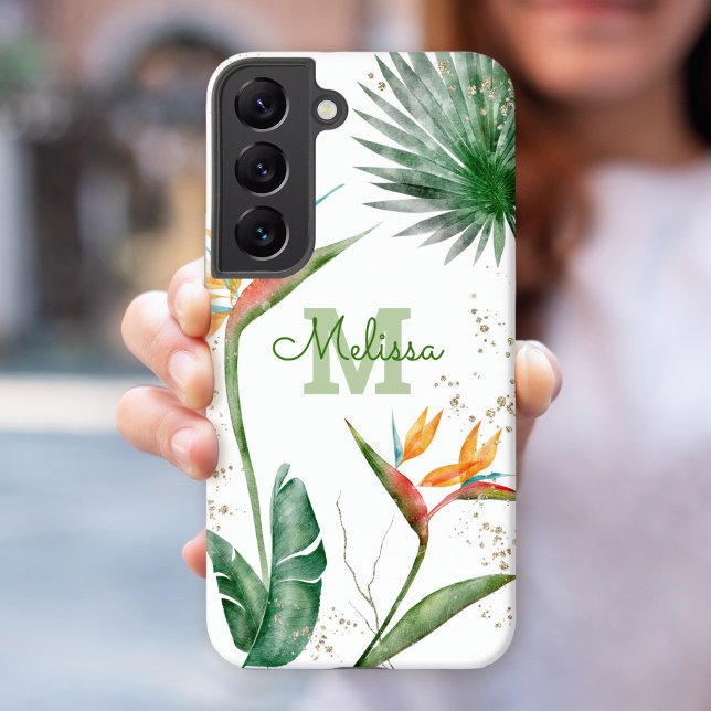 Tropical Island Floral Monogram Script White Gold Samsung Galaxy S22 Case (Creator Uploaded)