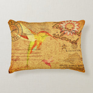 Tropical island hummingbird vintage postcard accent pillow