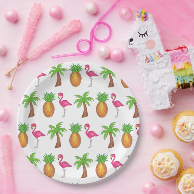 Tropical Island Palm Tree Pineapple Pink Flamingo Paper Plate (Party)