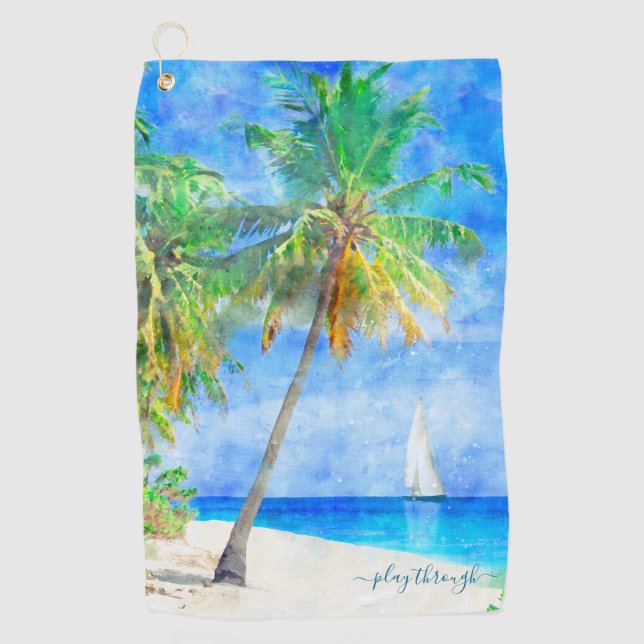 Tropical Island Palm Tree Sailboat Golf Towel (Front)