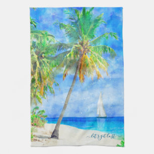 Tropical Island Palm Tree Sailboat Kitchen Towel
