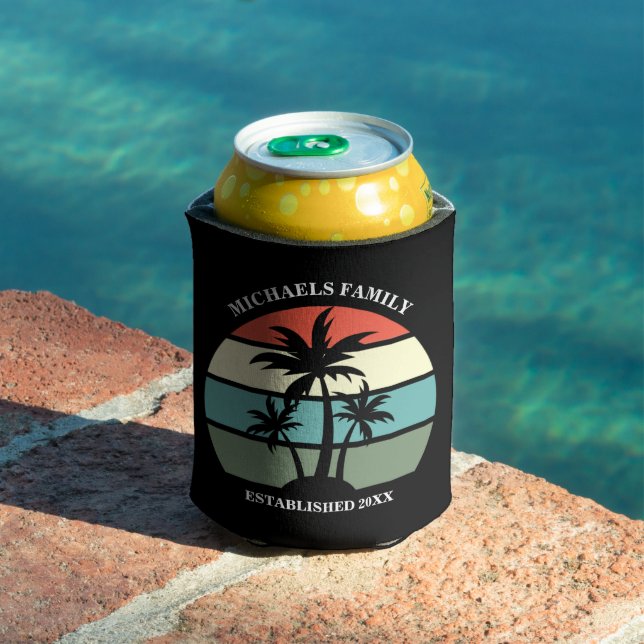 Tropical Island Palm Tree Sunset Beach Luau Black Can Cooler (In Situ Pool)