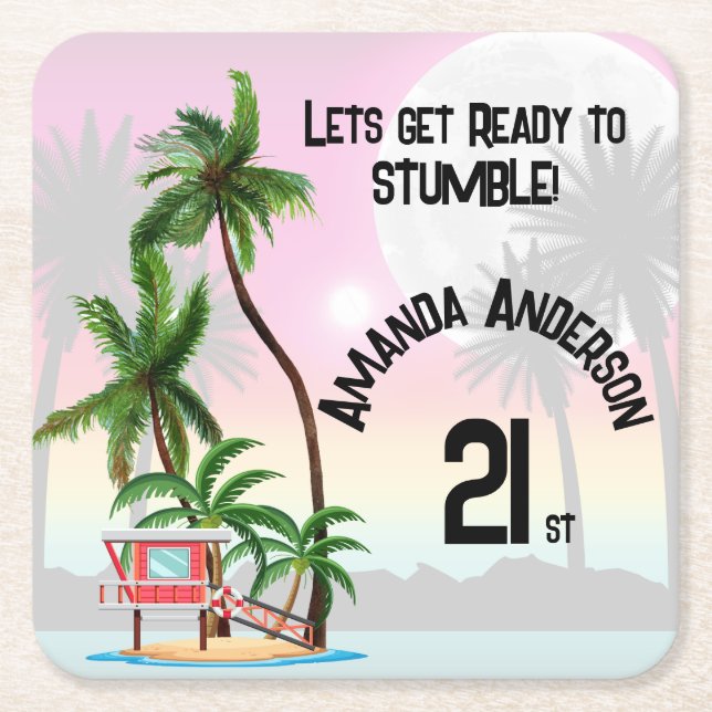 Tropical Island Palm Tree Sunset Invitation Square Paper Coaster (Front)