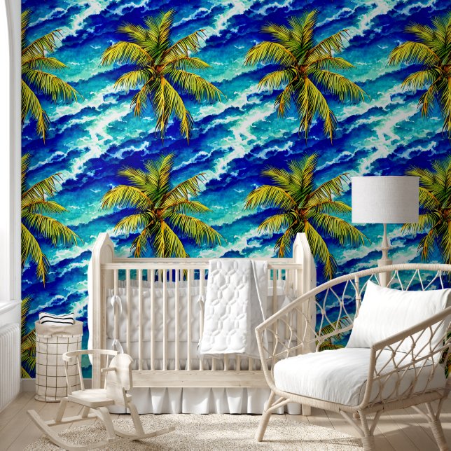 Tropical island palm trees coastal ocean beach wallpaper (Kids)