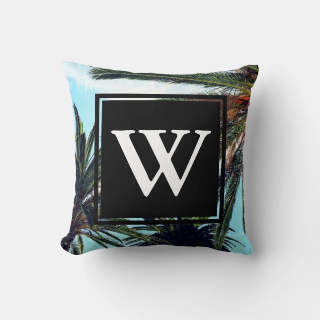 Tropical Island Palm Trees & Initial Letter Throw Pillow (Front)