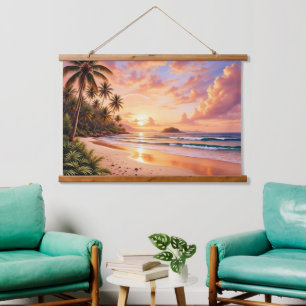Tropical Island Paradise & Sunset Vibrant Rainbow Hanging Tapestry