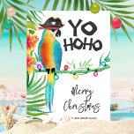 Tropical Island Parrot Pirate Yo Ho Ho Christmas Holiday Card<br><div class="desc">Tropical island theme Christmas card features a parrot in a pirate hat framed by hibiscus flowers,  palm leaves and festive string lights with a "Yo Ho Ho" caption. The holiday greeting and name can be personalized. Artwork by KL Stock</div>