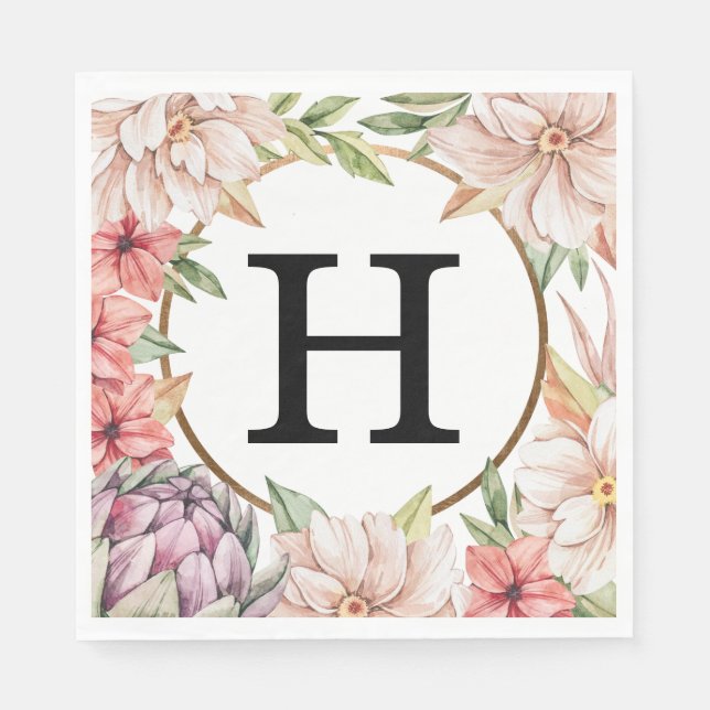 Tropical Island Pastel Floral Wedding Monogram Napkin (Front)