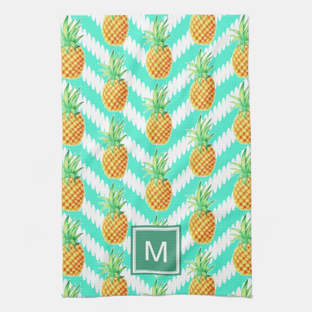Tropical Island Pineapples & Chevrons | Monogram Kitchen Towel (Vertical)