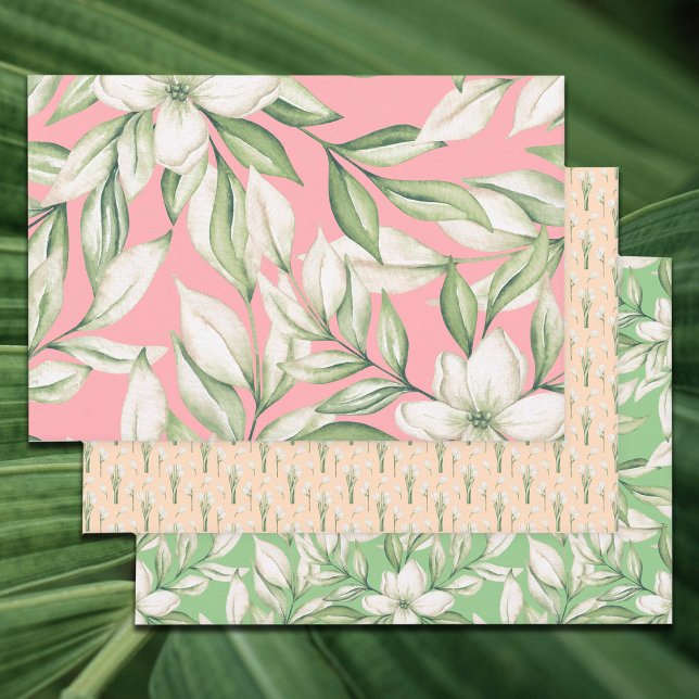 Tropical Island Pink, Blush, Green Floral 3 pack  Wrapping Paper Sheet (Creator Uploaded)