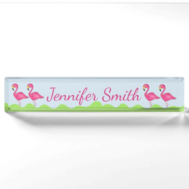 Tropical Island Pink Flamingo Bird Green Grass Nameplate (Front)
