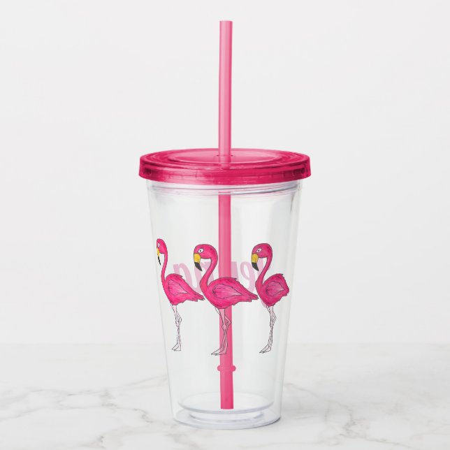 Tropical Island Pink Flamingo Bird Personalized Acrylic Tumbler (Front)