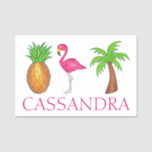 Tropical Island Pink Flamingo Palm Tree Pineapple Name Tag