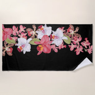Tropical Island Pink Orchid Flowers Beach Towel