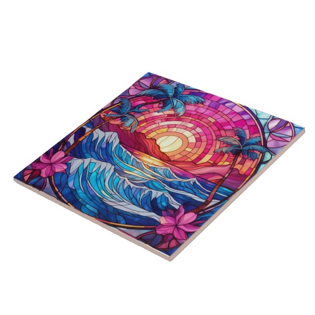 Tropical island pink sunset Stained glass art Tile (Side)