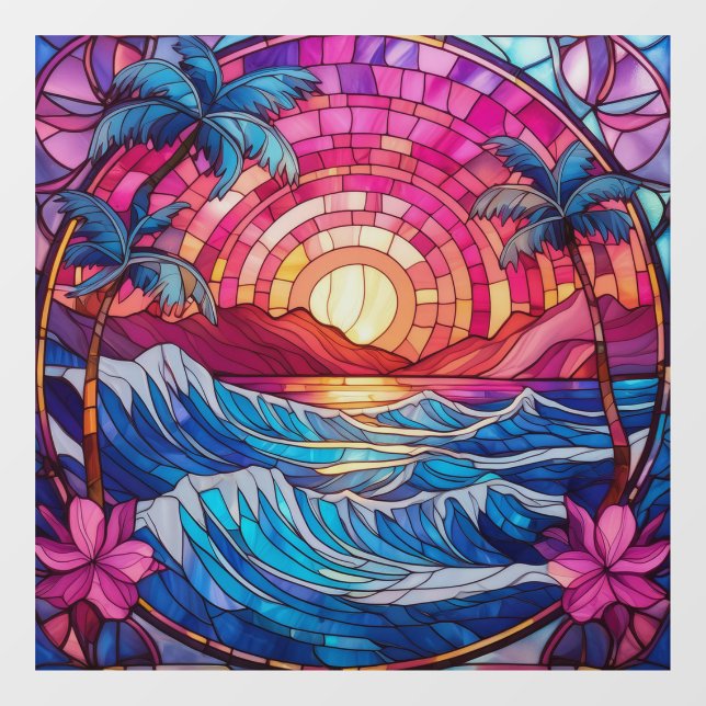 Tropical island pink sunset Stained glass art Window Cling (Sheet)