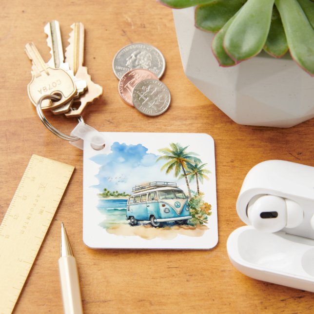 Tropical Island Retro Blue Bus  Keychain (Desk)