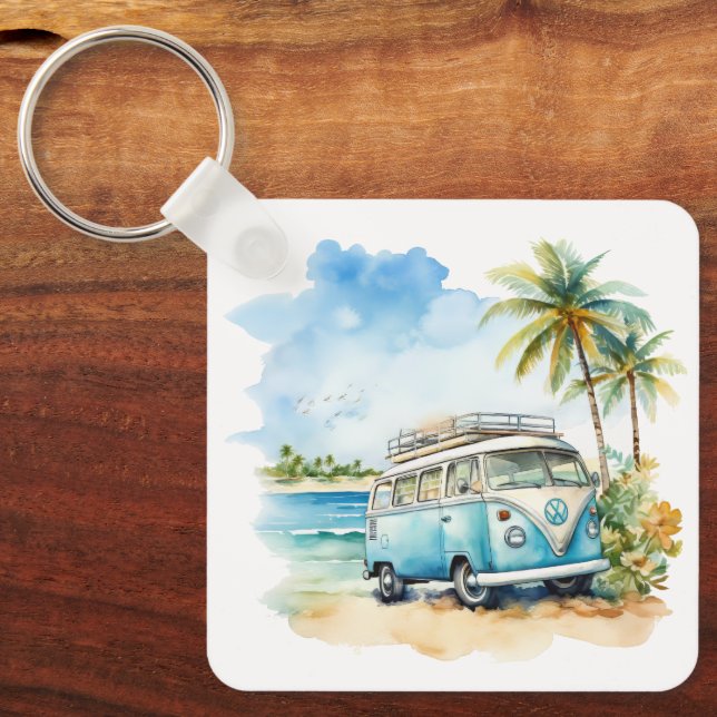 Tropical Island Retro Blue Bus  Keychain (Front)
