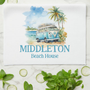 Tropical Island Retro Blue Bus  Kitchen Towel