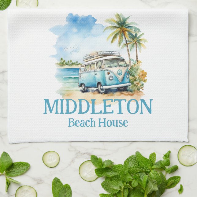 Tropical Island Retro Blue Bus  Kitchen Towel (Folded)