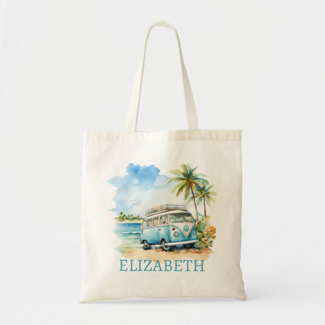 Tropical Island Retro Blue Bus  Tote Bag (Front)