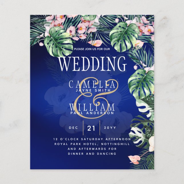 Tropical Island Royal Blue Flowers Leaves Wedding Flyer (Front)