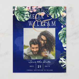 Tropical Island Royal Blue Flowers Leaves Wedding Flyer