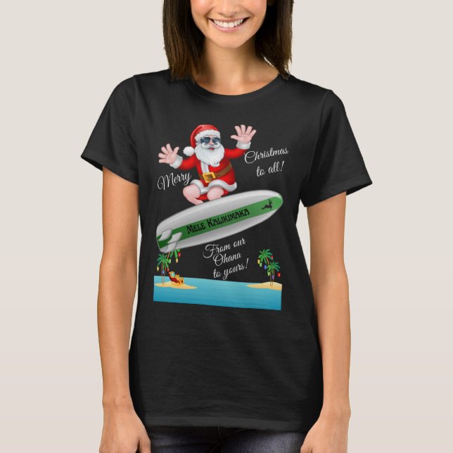Tropical Island Sandy Beach Surfing Santa Christma T-Shirt (Front)