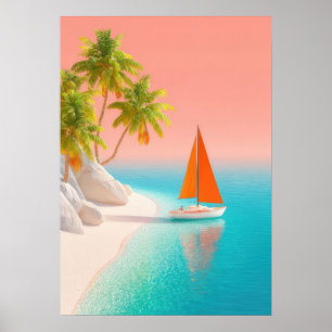  tropical island scene with palm trees,  sailboat poster