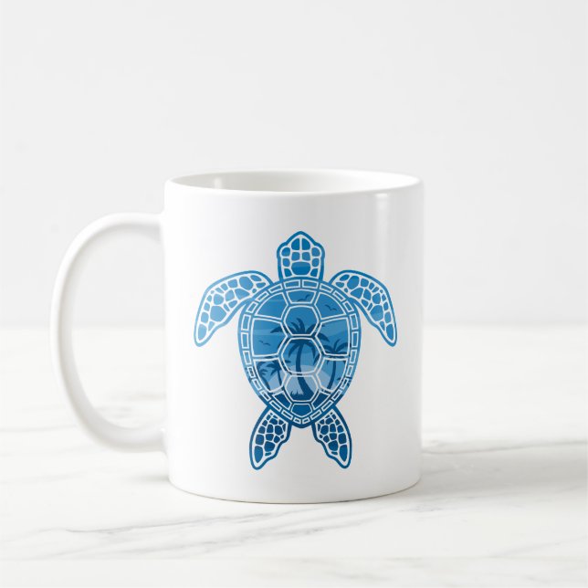 Tropical Island Sea Turtle Design in Blue Coffee Mug (Left)