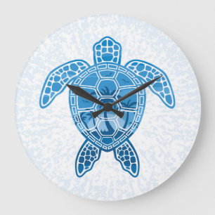 Tropical Island Sea Turtle Design in Blue Large Clock
