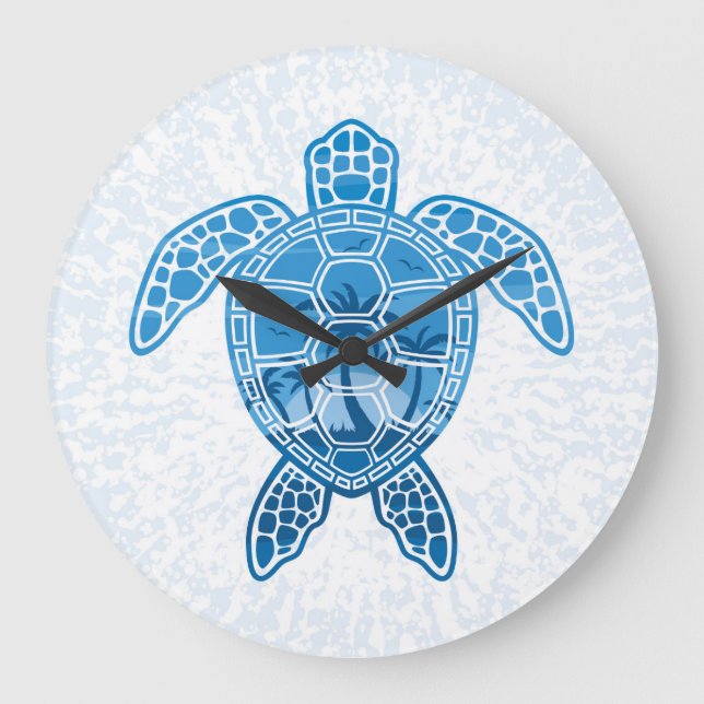 Tropical Island Sea Turtle Design in Blue Large Clock (Front)