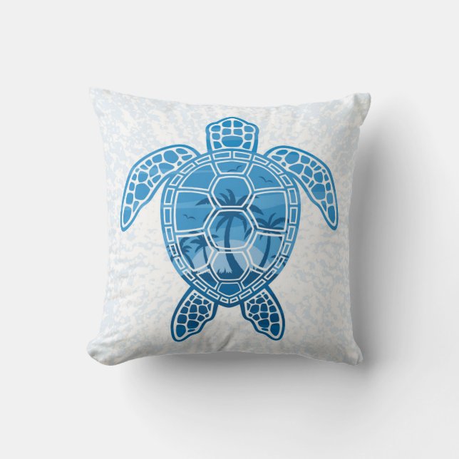 Tropical Island Sea Turtle Design in Blue Throw Pillow (Front)