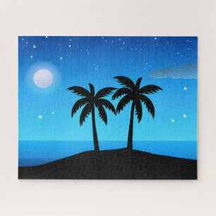 Tropical Island Silhouette with Moon and Stars Jigsaw Puzzle