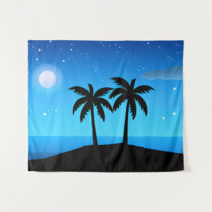 Tropical Island Silhouette with Moon and Stars Tapestry
