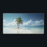 Tropical Island Summer Beach Ocean Personalized Desk Mat<br><div class="desc">Tropical Island Summer Beach Ocean Personalized Name Desk Mat features a palm tree growing on a sandy beach island surrounded by clear blue water with white clouds against the blue sky on the horizon with your personalized name in a simple modern script typography. Perfect gift for family and friends for...</div>