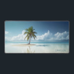 Tropical Island Summer Beach Ocean Personalized Desk Mat<br><div class="desc">Tropical Island Summer Beach Ocean Personalized Name Desk Mat features a palm tree growing on a sandy beach island surrounded by clear blue water with white clouds against the blue sky on the horizon with your personalized name in a simple modern script typography. Perfect gift for family and friends for...</div>