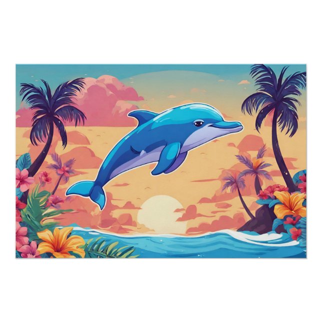 Tropical Island Sunset and Dolphin  Poster (Front)