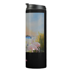 Tropical Island Sunset Flamingo Travel Thermal Tumbler
