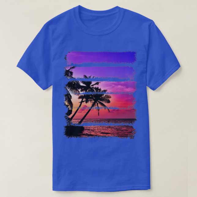 Tropical Island Sunset Palm Trees Ocean Beach Wave T-Shirt (Design Front)