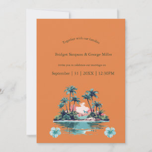 Tropical Island Sunset Palms Hibiscus wedding Invitation