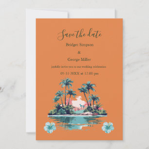 Tropical Island Sunset with Palms and Hibiscus Invitation