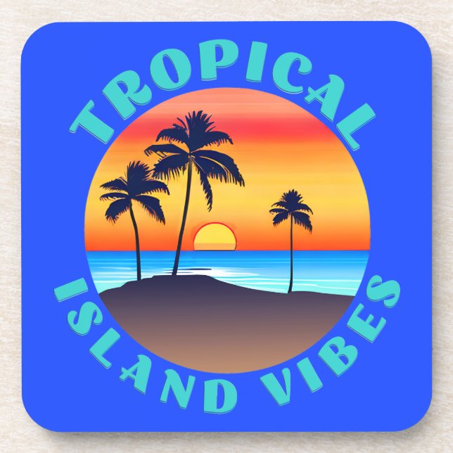 Tropical Island Vibes, Sunset with Palm Trees Coaster (Front)