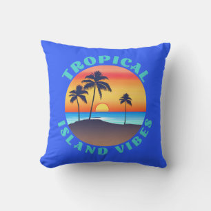 Tropical Island Vibes, Sunset with Palm Trees Outdoor Pillow
