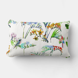 Tropical Island Watercolor Flowers & Birds Lumbar Pillow