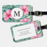Tropical Island Watercolor  Luggage Tag<br><div class="desc">This tropical luggage tag features watercolor pink flowers and green palm leaves. art by Victoria Grigaliunas of DoTellABelle. Personalize the template fields with your name,  telephone number and address. To see more from this pink hibiscus flower wedding theme visit https://www.zazzle.com/collections/pink_hibiscus_flower-119064582807479077</div>