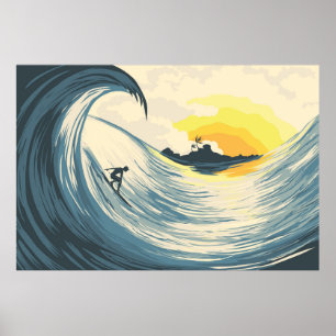 Tropical island wave and surfer at sunset poster