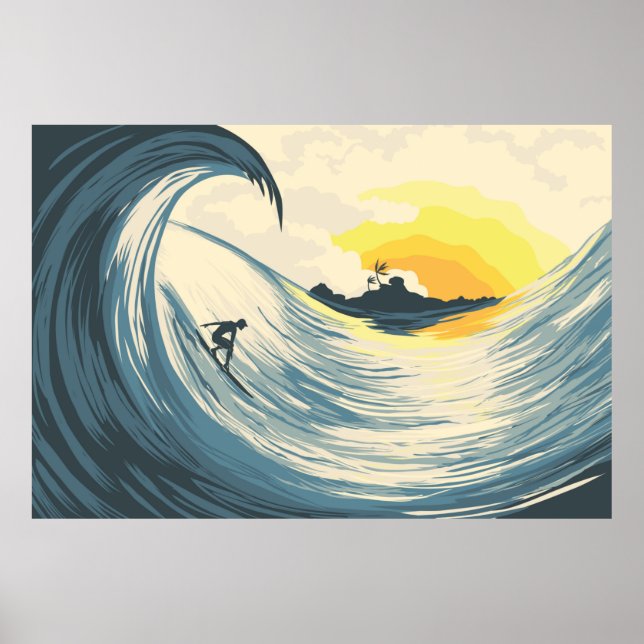 Tropical island wave and surfer at sunset poster (Front)