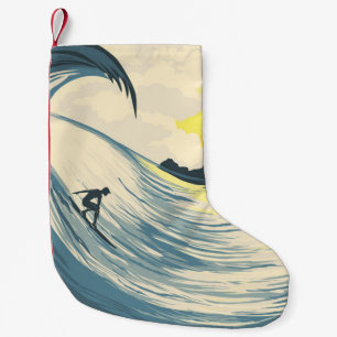Tropical island wave and surfer at sunset small christmas stocking